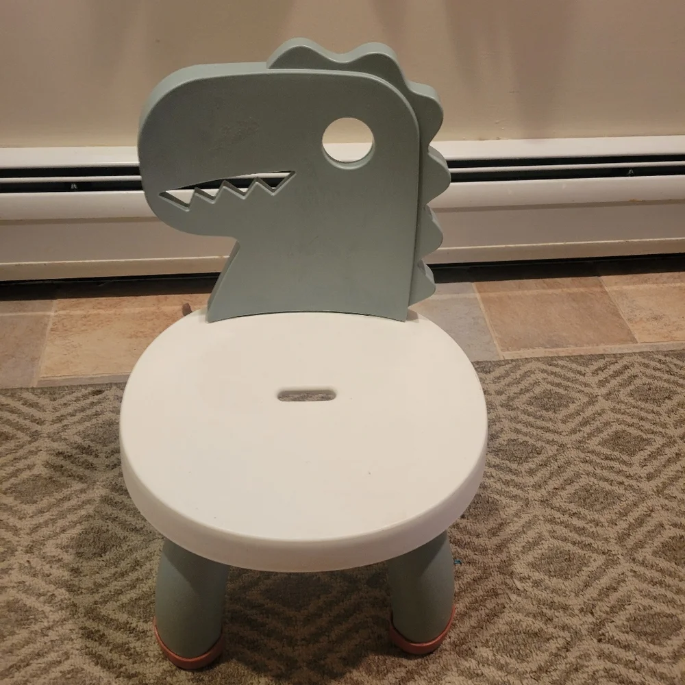 Dinosaur Themed Kids Stool Chair in Green and White Heavy Plastic - Picture 1 of 7